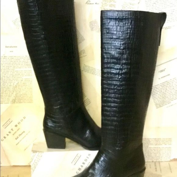 Urban Outfitters Vagabond Shoemakers Betsy Knee High Boot Black Leather Croc - Picture 4 of 7